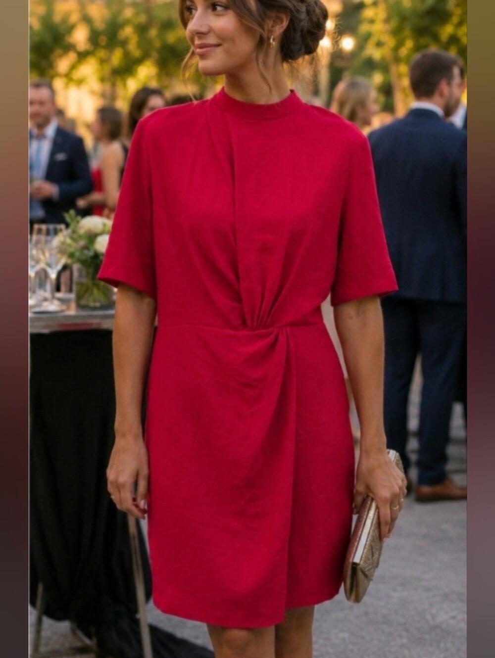 Mango Fuchsia Draped High Neck Dress Bold Barbiecore Event Cocktail Party Sz 8